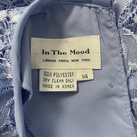 Vintage Cocktail Dress Size 14 Light Blue Lace Bow Puff Sleeve Formal Party Midi - Picture 11 of 16